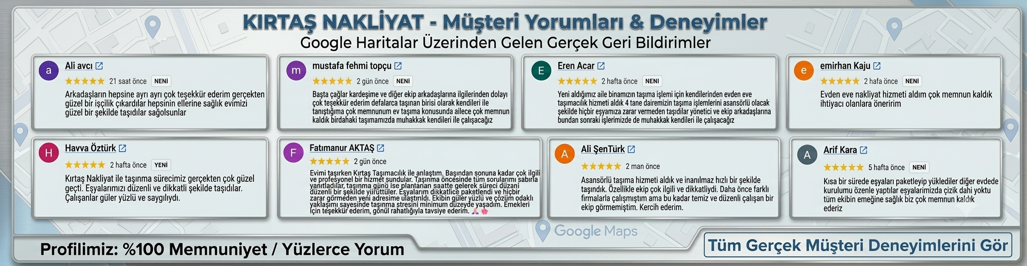 Kırtaş Nakliyat Bursa Google Haritalar müşteri yorumları ve 5 yıldızlı gerçek evden eve taşımacılık referansları panosu.