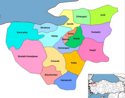Gemlik evden eve nakliyat hizmet bölgesini gösteren Bursa ilçeler haritası