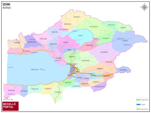 İznik evden eve nakliyat hizmet bölgelerimizi gösteren ayrıntılı İznik, Bursa haritası.