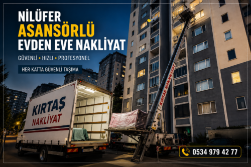 Nilüfer asansörlü evden eve nakliyat sırasında dış cephe taşıma asansörü ile yüksek katlı binada güvenli eşya taşıma işlemi.